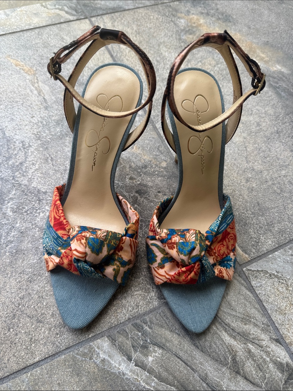 Jessica Simpson Blue Floral Knot Front Ankle-Strap Heels